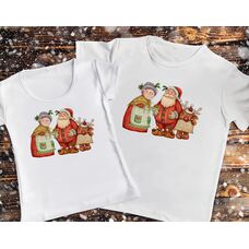 Парні футболки з принтом - Дід і Бабуся мороз з оленьом
